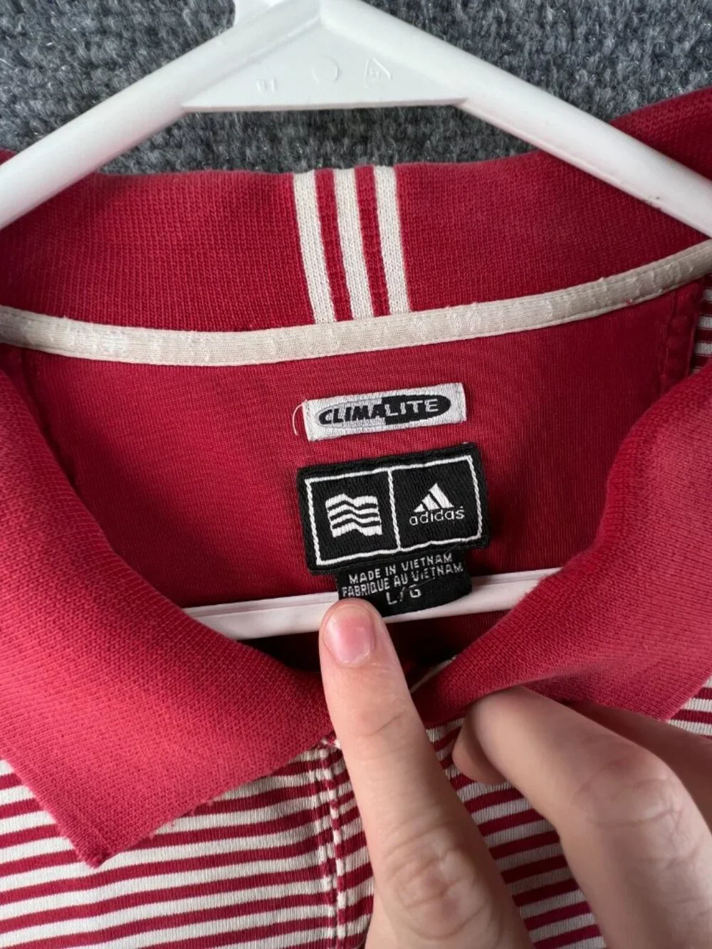 Adidas Mens Large Red White Striped Short Sleeve Cotton Blend Polo Climalite